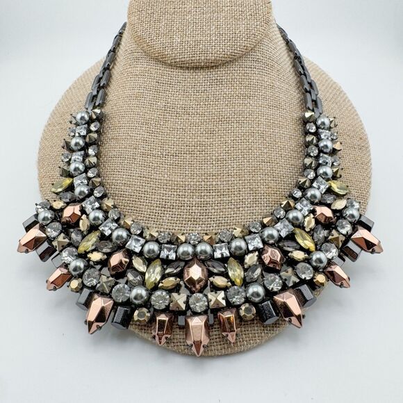 Vintage Stella & Dot Statement Bib Necklace Rhinestone Pearl Glam Bold Chunky - Picture 2 of 10